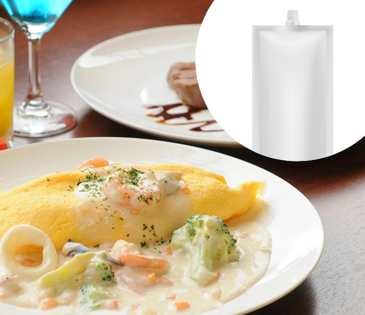 小袋・ポーションカップ・スタンドパウチへ小ロットで充填可能なサンキョーヒカリが開発した、業務量調味料を使用した料理