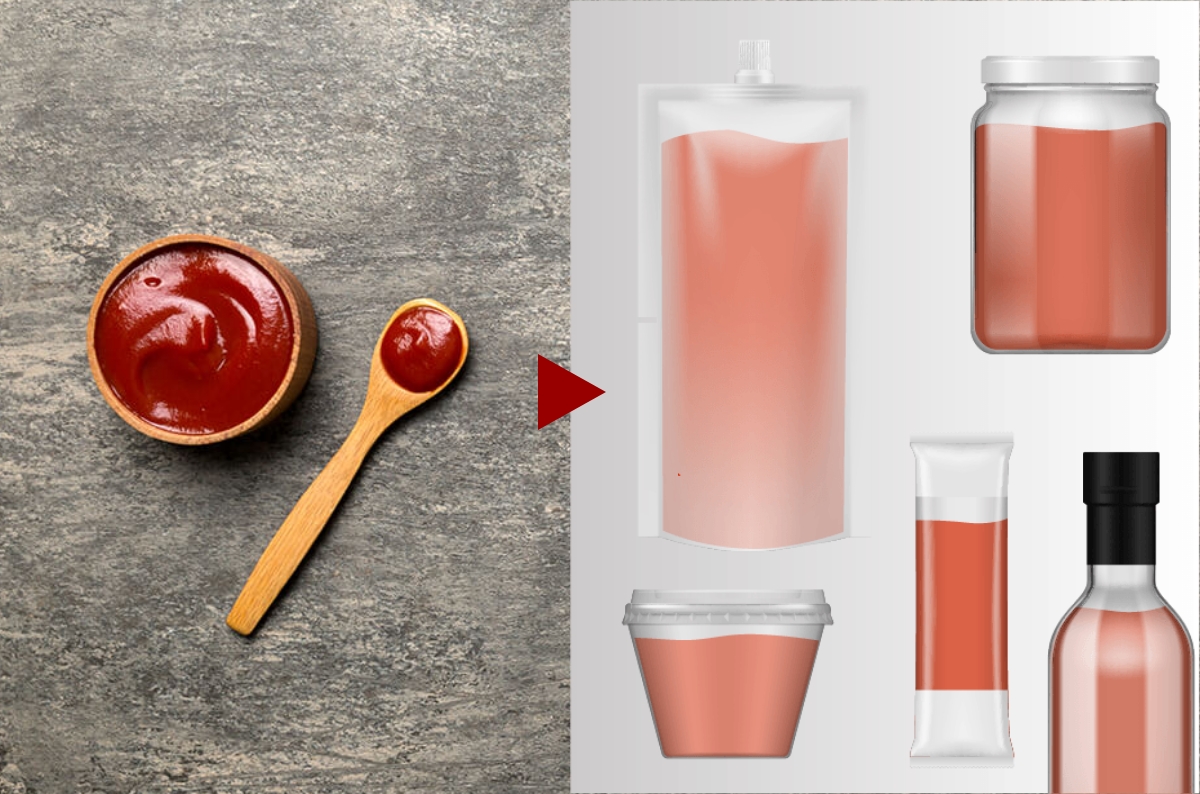 小袋・ポーションカップ・スタンドパウチへ小ロットで充填可能なサンキョーヒカリが開発した調味料を充填するイメージ